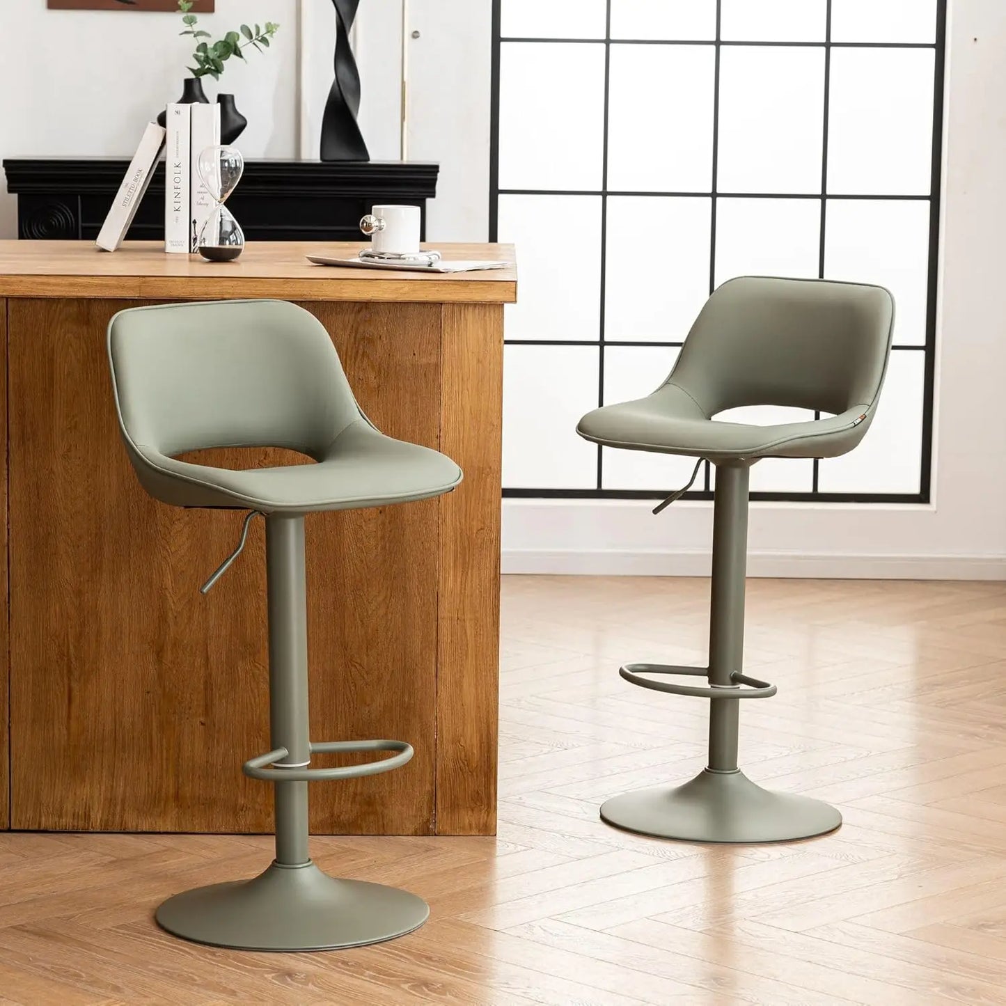 Bar Stools Set of 2, Adjustable Swivel Counter Height Bar Stools Faux Leather Upholstered Counter Stools with Back, Bar Chair