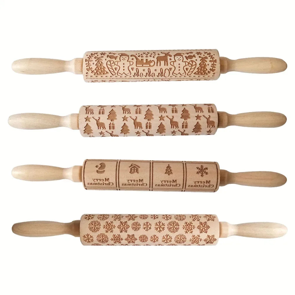 1pc Wooden Christmas Print Rolling Pin Carving Cookie Baking Embossed Rolling Pin Pastry Board With Carved Christmas Deer Patter