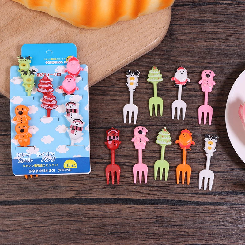 10Pcs Christmas Fruit Fork Food Pick Sliced Fruit Fork Plastic Mini Toothpick Cake Bento Lunch Forks Tool Accessories