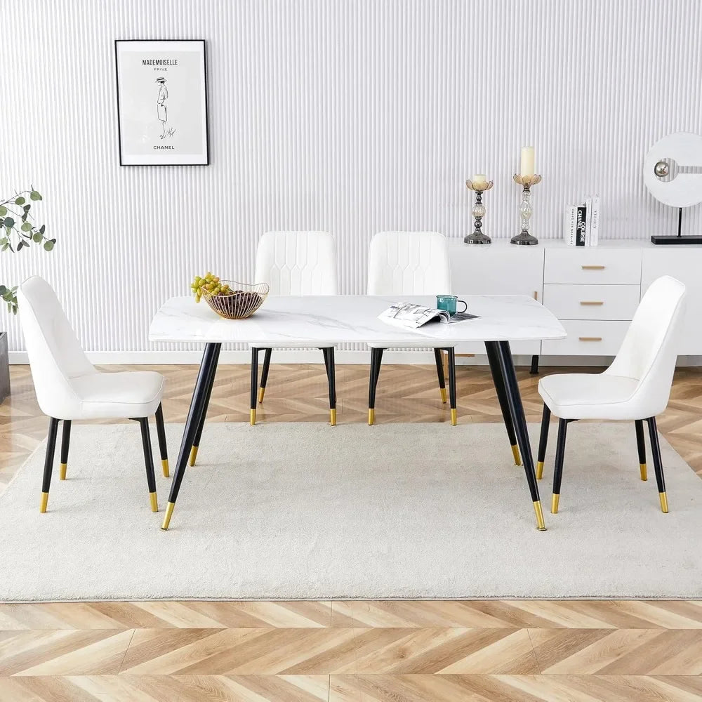 White Marble Dining Room,62" Rectangle Modern Dinner Table with Sintered Stone Top and Metal Legs Kitchen Table Chair Set