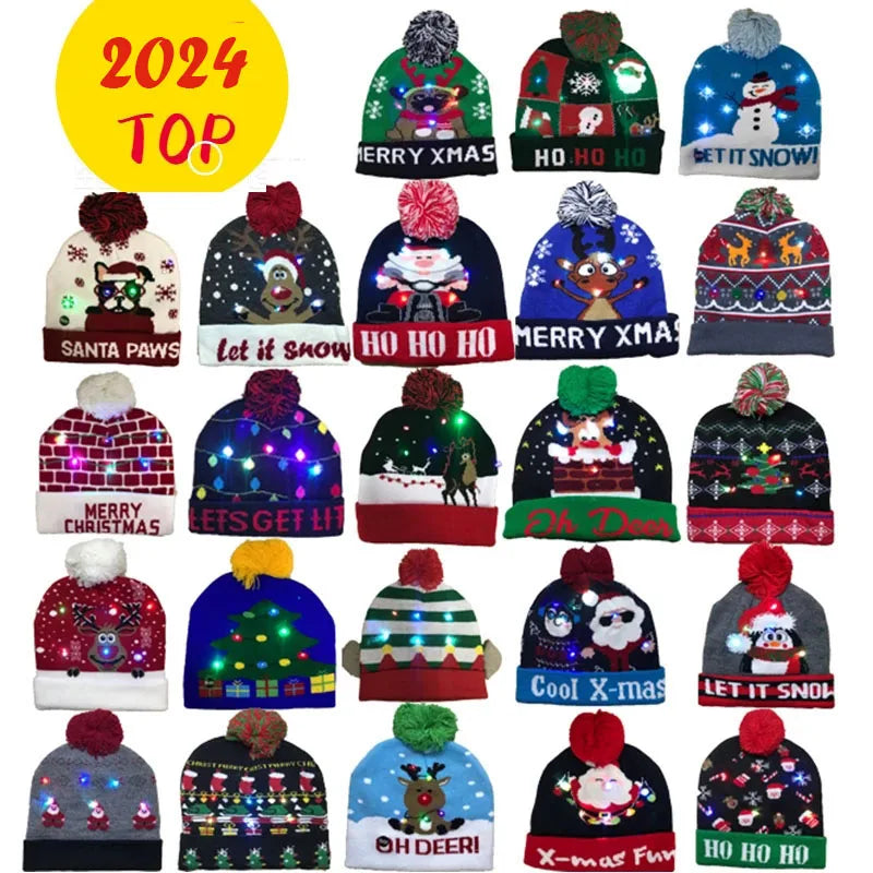 Knitted LED Christmas Hat  Beanie Light Up Illuminate Warm Hat Christmas Tree Snowman Kids Adults New Year Christmas Decor