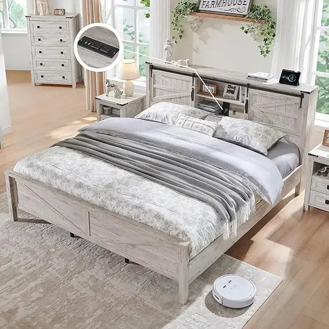 Farmhouse King Size Bed Frame w/Storage Bookcase Headboard,Charging Station,Rustic Wood Platform Bed w/Wood Slats Support