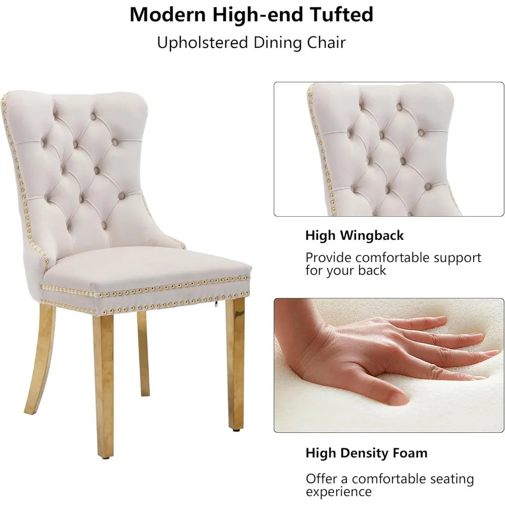 Velvet Dining Chairs Set of 6, Tufted Nailhead Accent Dining Room Chairs with Pull Ring Gold Stainless Steel Legs, free shipping