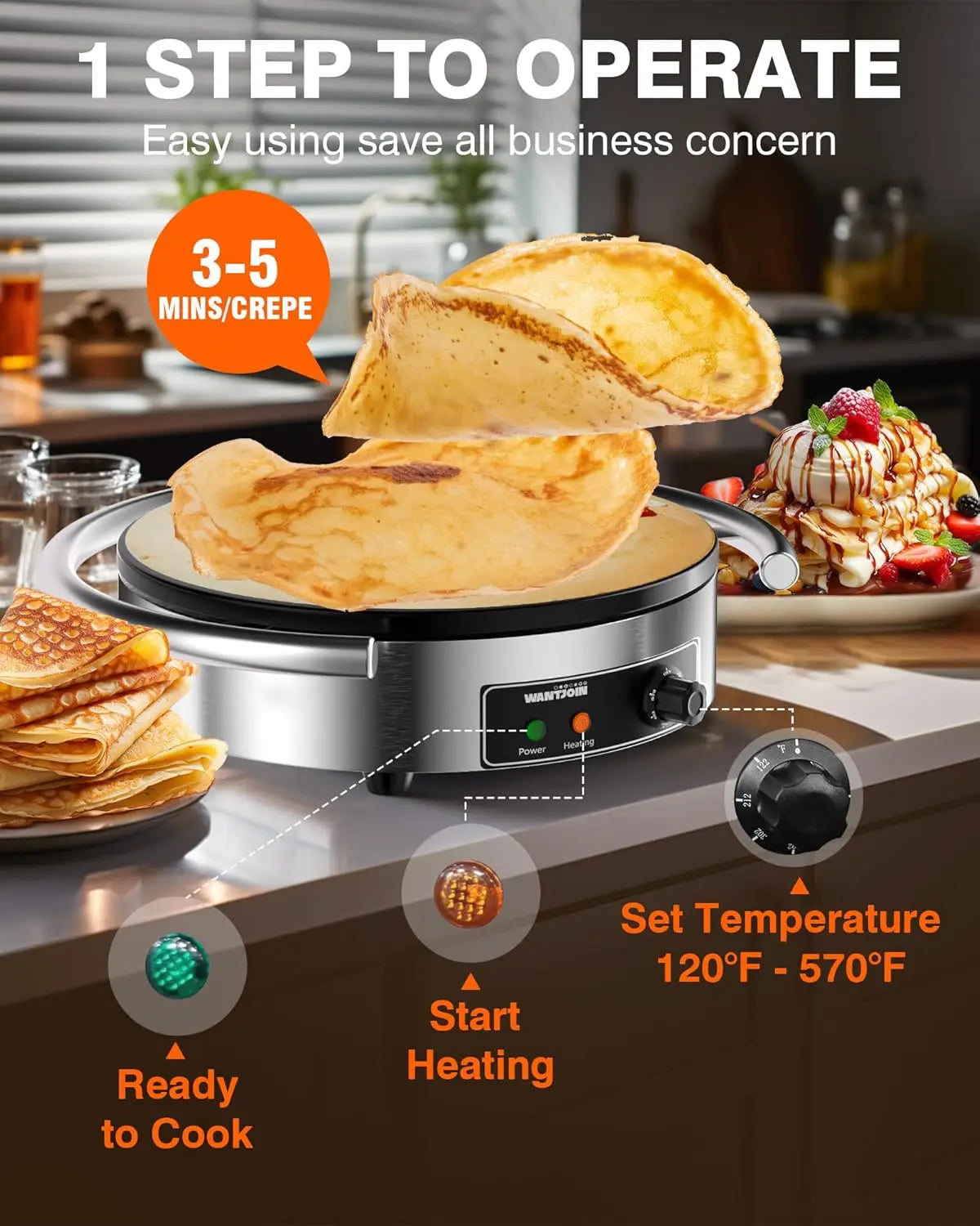 Electric Crepe Maker 16 Inch 110V Non-Stick 1700W Electric Crepe Machine Adjustable Temperature Control 403 Stainless Steel