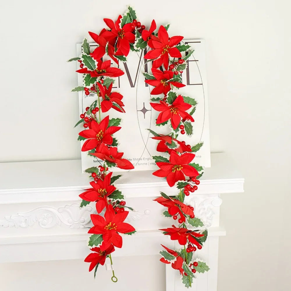 2M Christmas Poinsettia Garland Artificial Poinsettia Flower String Lights Xmas Tree Ornament For Home Fireplace Decoration