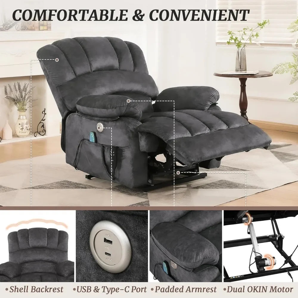 Recliner Chair for Adults, Dual Motor Oversized Chair, Power Lift Recliner Chair with Heating and Massage, Living Room Chairs