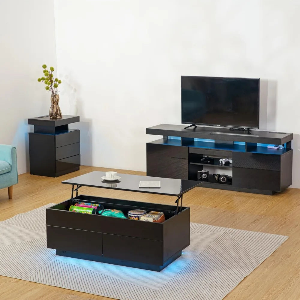 LED Lift Top Coffee Table and TV Stand Set of 2,Modern LED Entertainment Center with Power Outlets for up to 70" TV