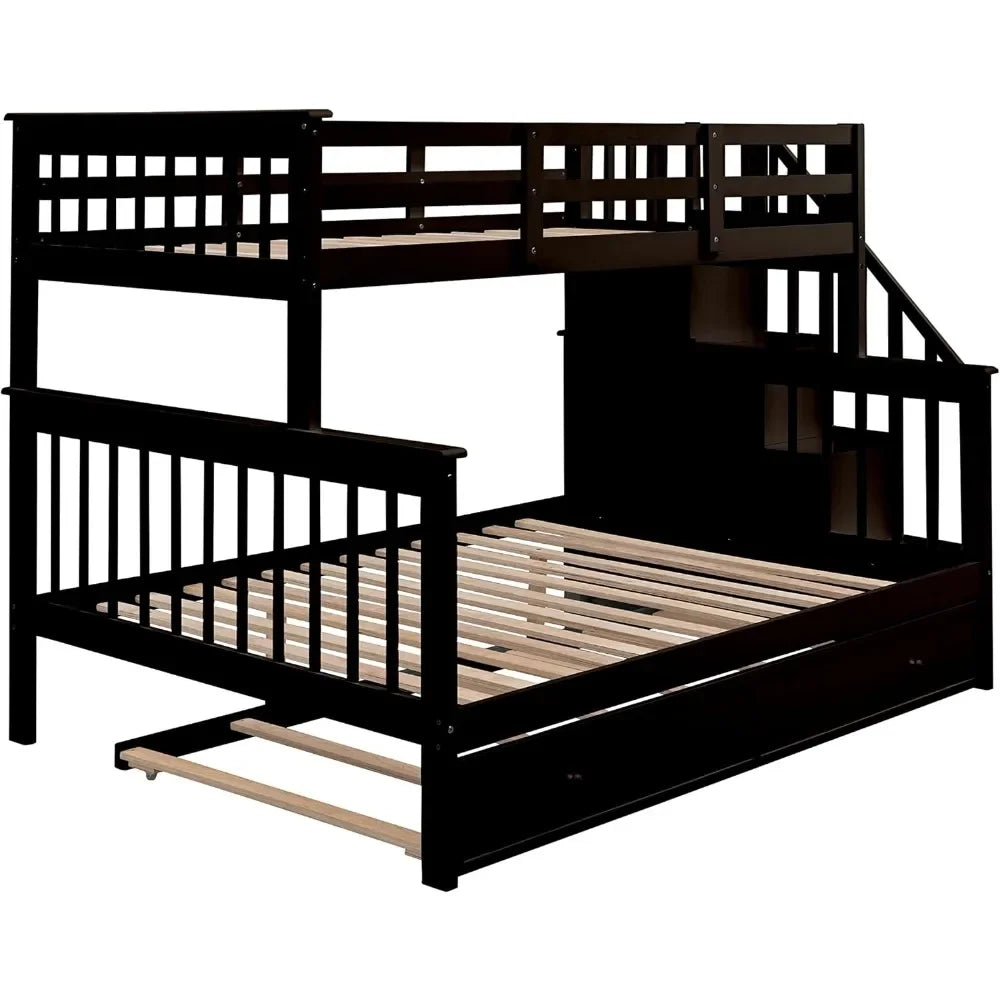 Twin Over Full Bunk Beds with Stairway and 3 Storage Drawers,Solid Wooden with Storage Stairway and Guard Rail for Bedroom, Dorm