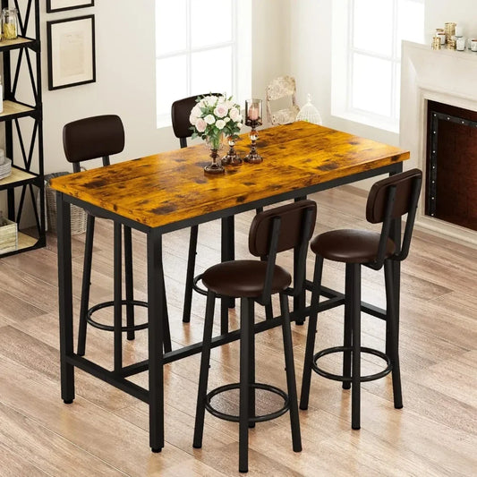 Bar table and set of 4 chairs, industrial counter height bar table with bar 5-piece set, PU upholstered stool with backrest