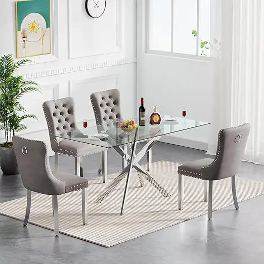 5 Piece Glass Dining Table Set, 4 Velvet Upholstered Chairs for Kitchen Dining Room, Modern Glass Dining Table Set