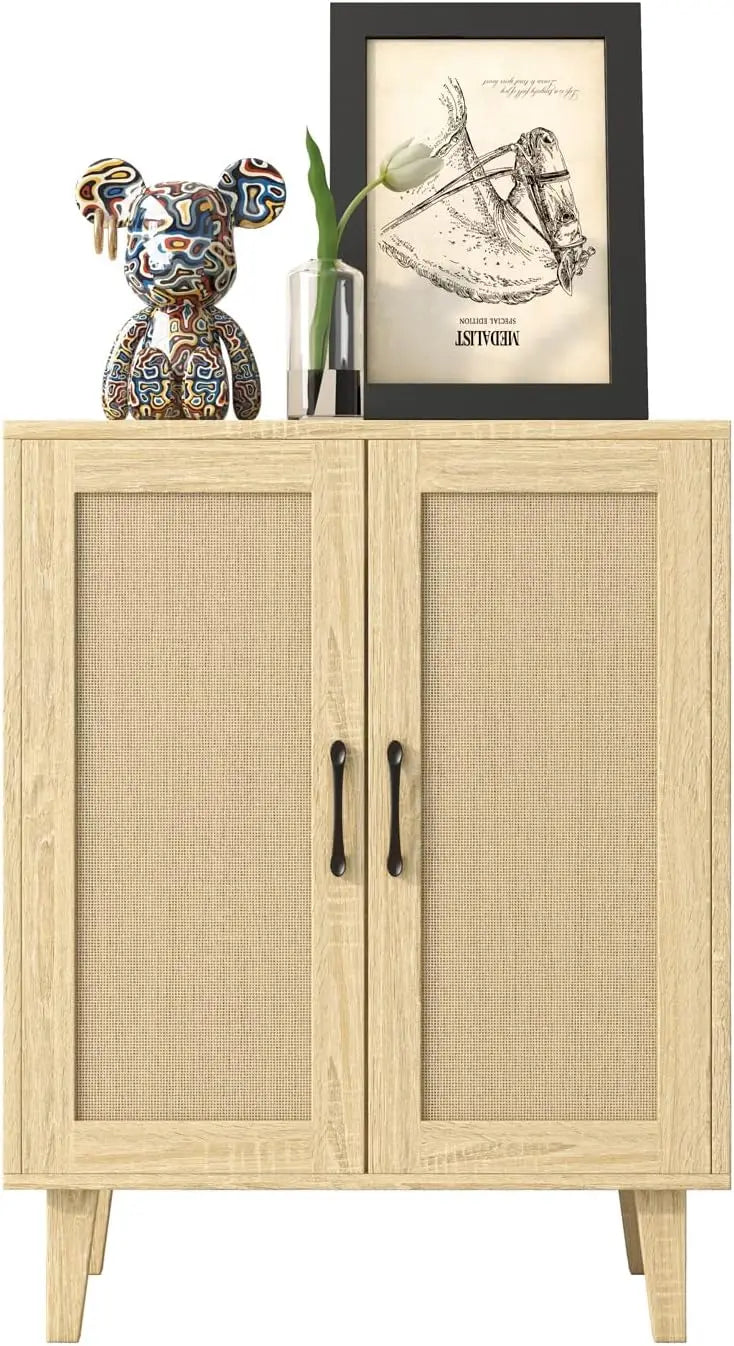 Cabinet Sideboard with Rattan Decorated Doors Kitchen Storage Cupboard Accent Cabinet (Natural Wood)