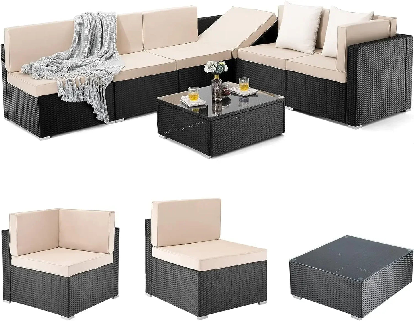 Wicker Patio Sectional Sofa, Rattan Conversation Set with Coffee Table and Washable Cushions, Outdoor Furniture Sets