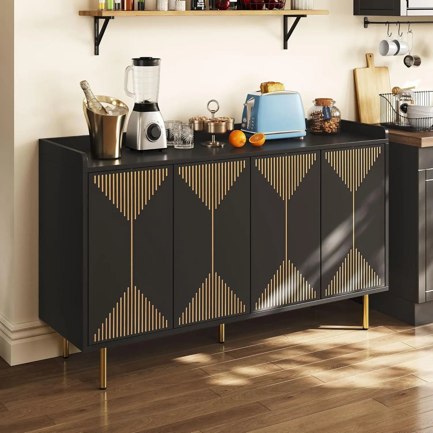 Sideboard Cabinet, 55 Inch Modern Coffee Bar Cabinet with Storage for Carved Design, Large Buffet Cabinet with Rebound