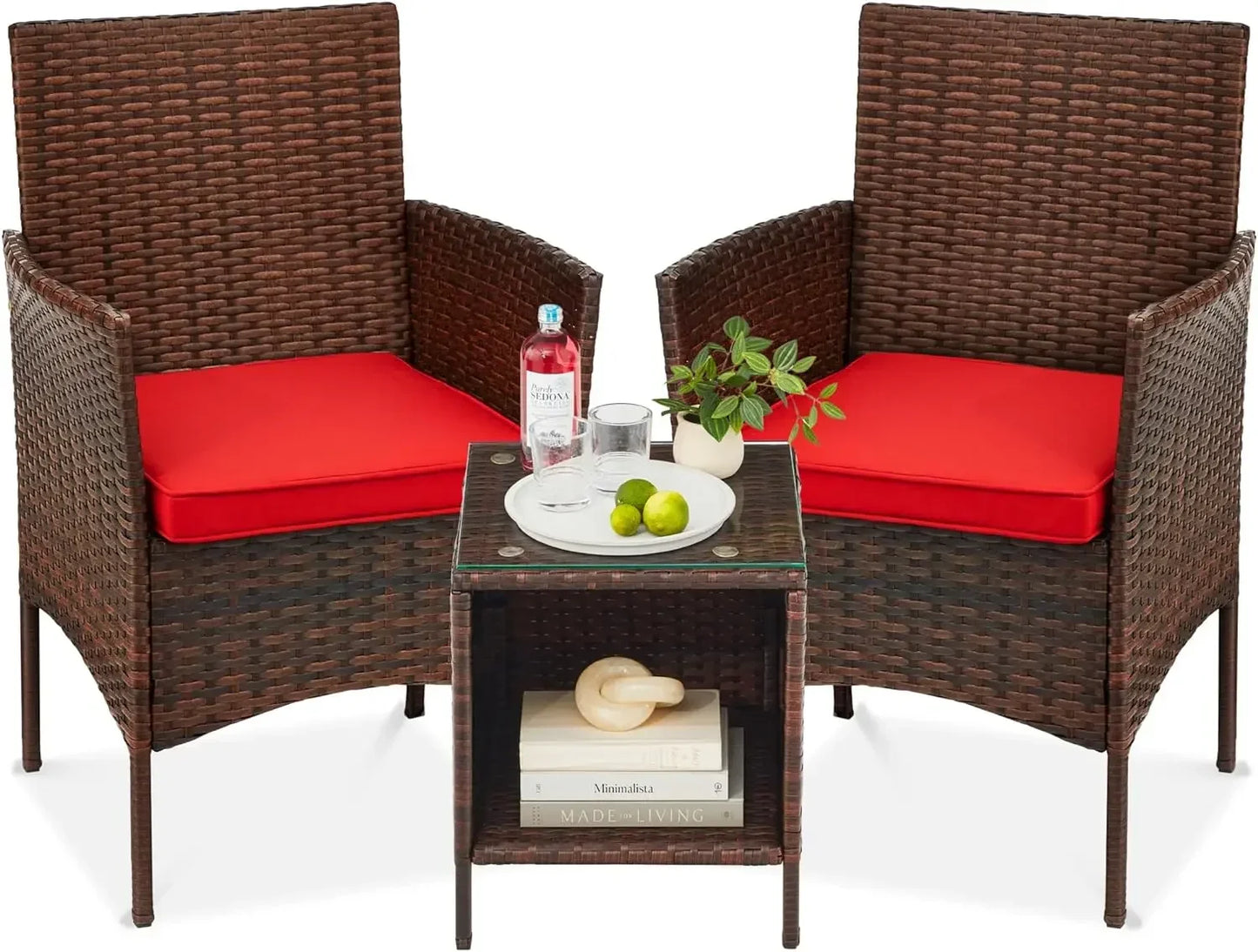 3-Piece Outdoor Wicker Conversation Bistro Set, Space Saving Patio Furniture for Yard, 2 Chairs, 2 Cushions, Side Storage Table