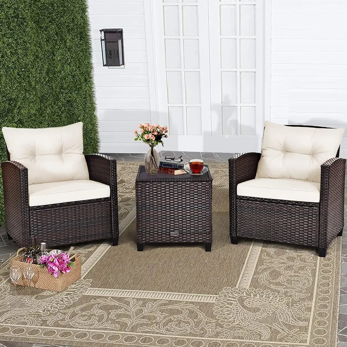 Patio Furniture Sets - 3 Pieces Rattan Sofa Set, Outdoor Conversation Set with Tempered Glass Tabletop, Outdoor Furniture Sets