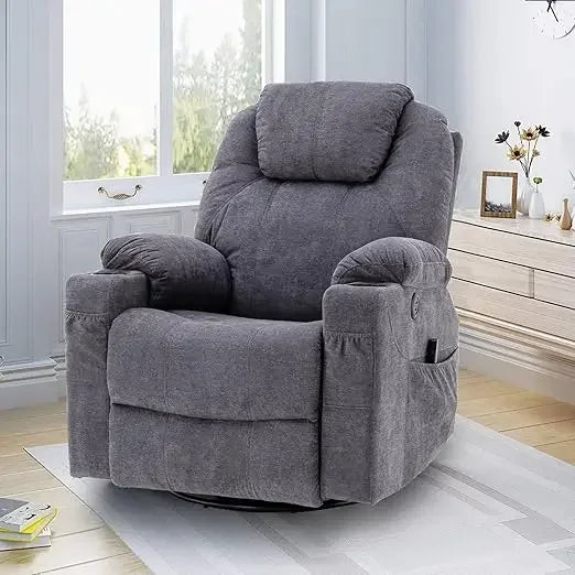 Swivel Rocker Recliner Chair Ergonomic Lounge Reclining Chair with 4 Pockets Cup Holders Remote Control，Gray，Living Room Chairs