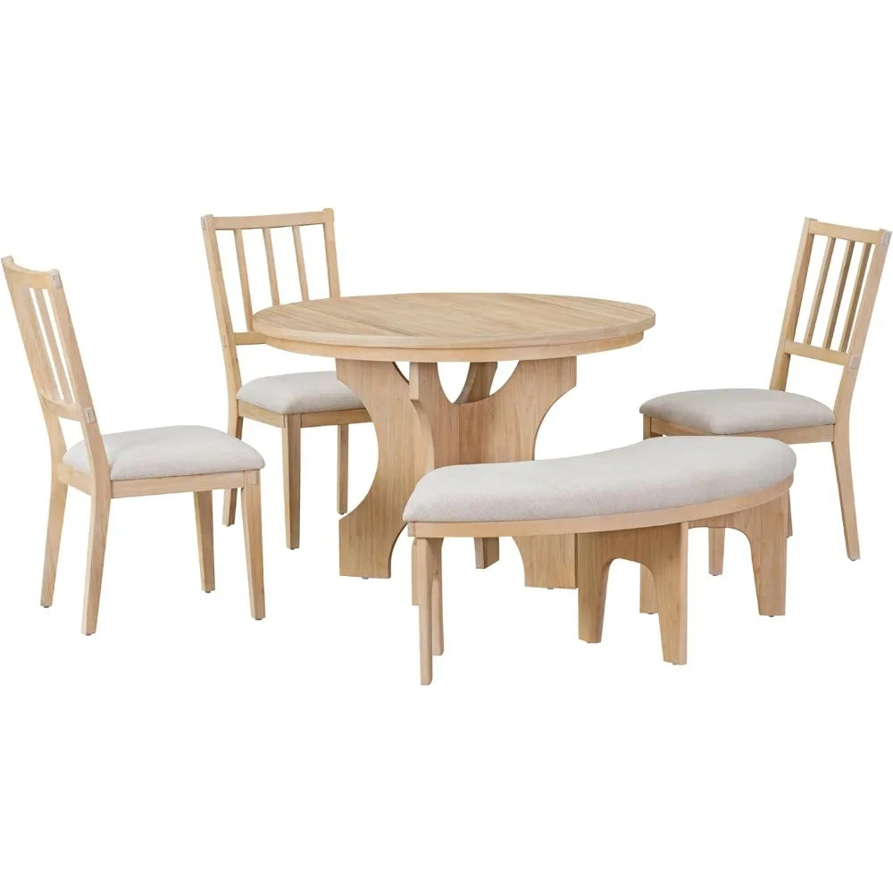 5-Piece Round Dining Table Set for 4 Round Kitchen Table Set with Curved Bench & 3 Chairs Retro Round Dining Room Set