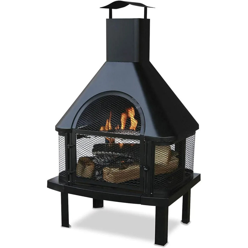 Wood Burning Fireplace Outdoor Steel Chimney Rectangular Fire Bowl for Backyard Patio or Deck Bonfire Heating, Black