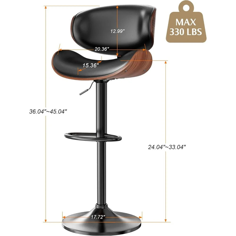 Set of 4, Bentwood Adjustable Height Swivel Bar Stools, PU Leather Upholstered Bar Chair with Back and Footrest for Bar,