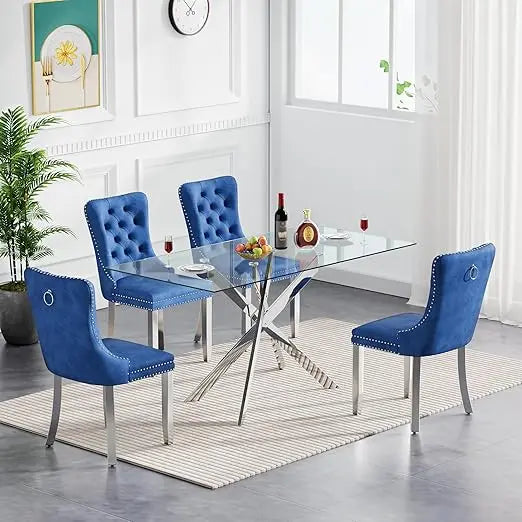 5 Piece Glass Dining Table Set, 4 Velvet Upholstered Chairs for Kitchen Dining Room, Modern Glass Dining Table Set