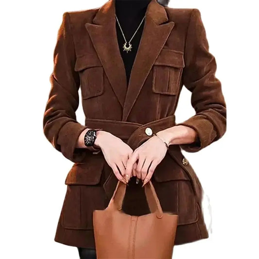 2024 Spring Autumn Brown Corduroy Suit Jacket Women Fashion Pocket Blazer Vintage Jackets Female Waistband Trench Coat Outwear