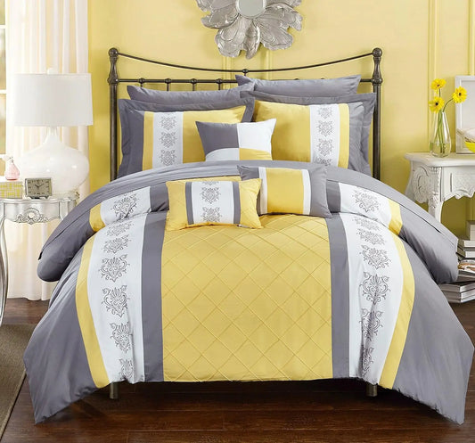 10 Piece Comforter Set Pintuck Pieced Block Embroidery Bed in a Bag with Sheet Set, Queen Grey Yellow