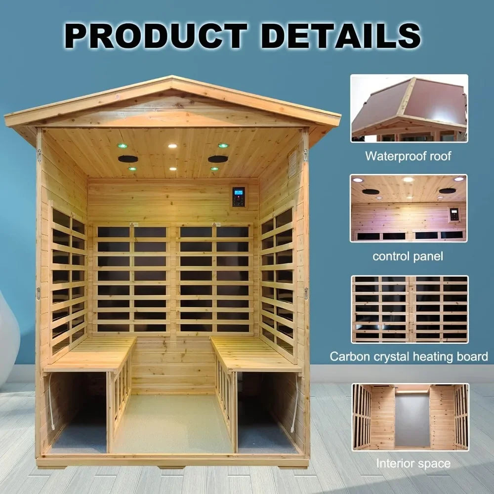 Sauna Outdoor 4 Person Far Infrared Sauna Low EMF Wooden Sauna Room for Home, 2050watt Canadian Hemlock