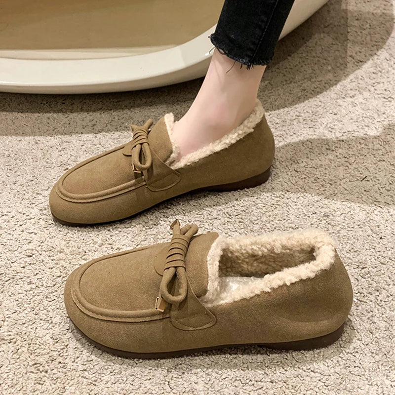 Winter Women Fur Shoes Warm Low Top Suede Furry Flats Loafers Fluffy Home Cotton Shoes Female Casual Comfortable Plush Shoes 41