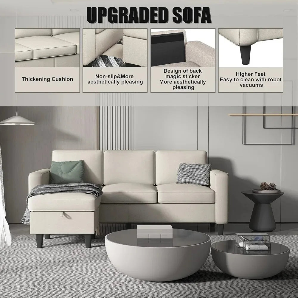 Convertible Sectional Sofa Couch,3-Seat L-Shaped Sofa with Reversible Storage Ottoman and Pockets, Sofa Furniture Sets