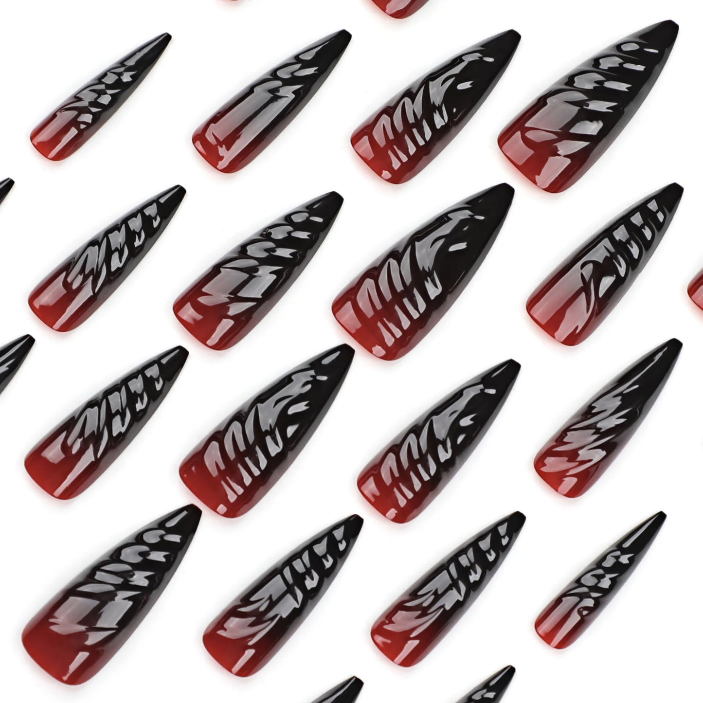 24pcs Halloween Press on Nails Wearable Black Red Gradient Fake Nails Super Long Pointy Nails 3D Crystal Stripes False Nails Tip