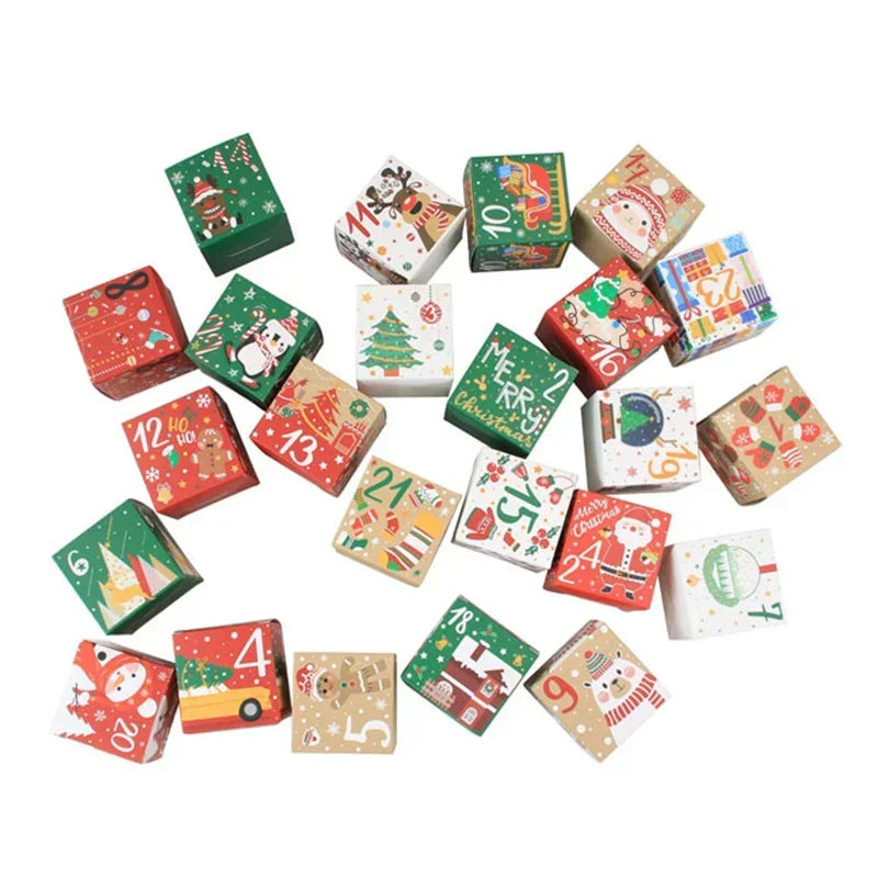 24pcs 1-24 Christmas Advent Calendar Gift Box Kids Xmas New Year Candy Cookies Wrapping Paper Box Christmas Gift Toy Only Boxes