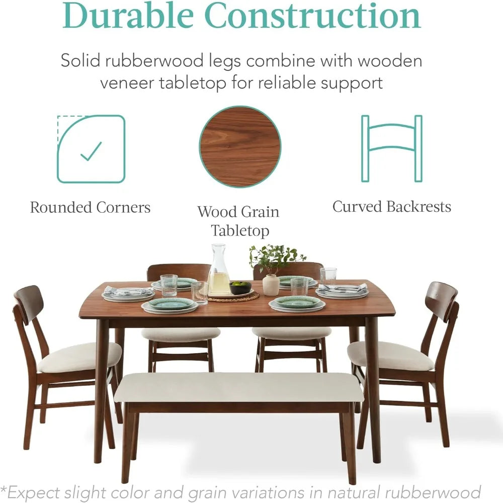 6-Piece Wooden Dining Set, Mid-Century Modern Table & Upholstered Chair Set w/Bench Seat, Rubberwood Legs - Brown/Cream