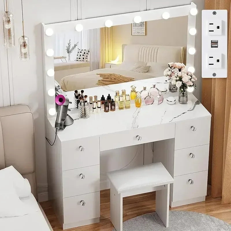 Vanity with Lighted Mirror - Makeup Vanity Desk with Power Outlet and 7 Drawers, 3 Color Lighting Modes Adjustable Brightness