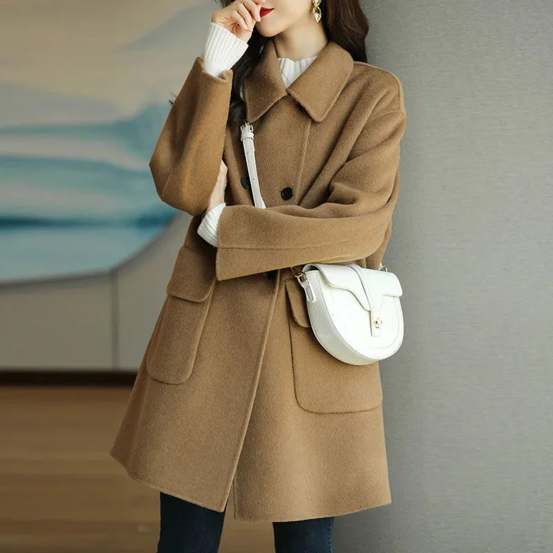 Woolen Jacket Women's Coffee Color Thickened Slim Fit Korean Style Loose Fit Medium Length Overcoat For Autumn/Winter 2024