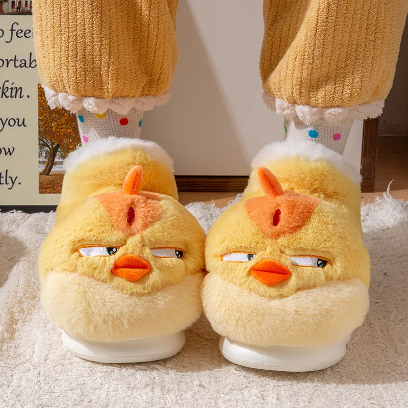 New Cute Cartoon Indoor Slippers For Women Men Funny Yellow Chicken Winter Warm Fluffy Shoes Couples Home Floor Snoot Boots