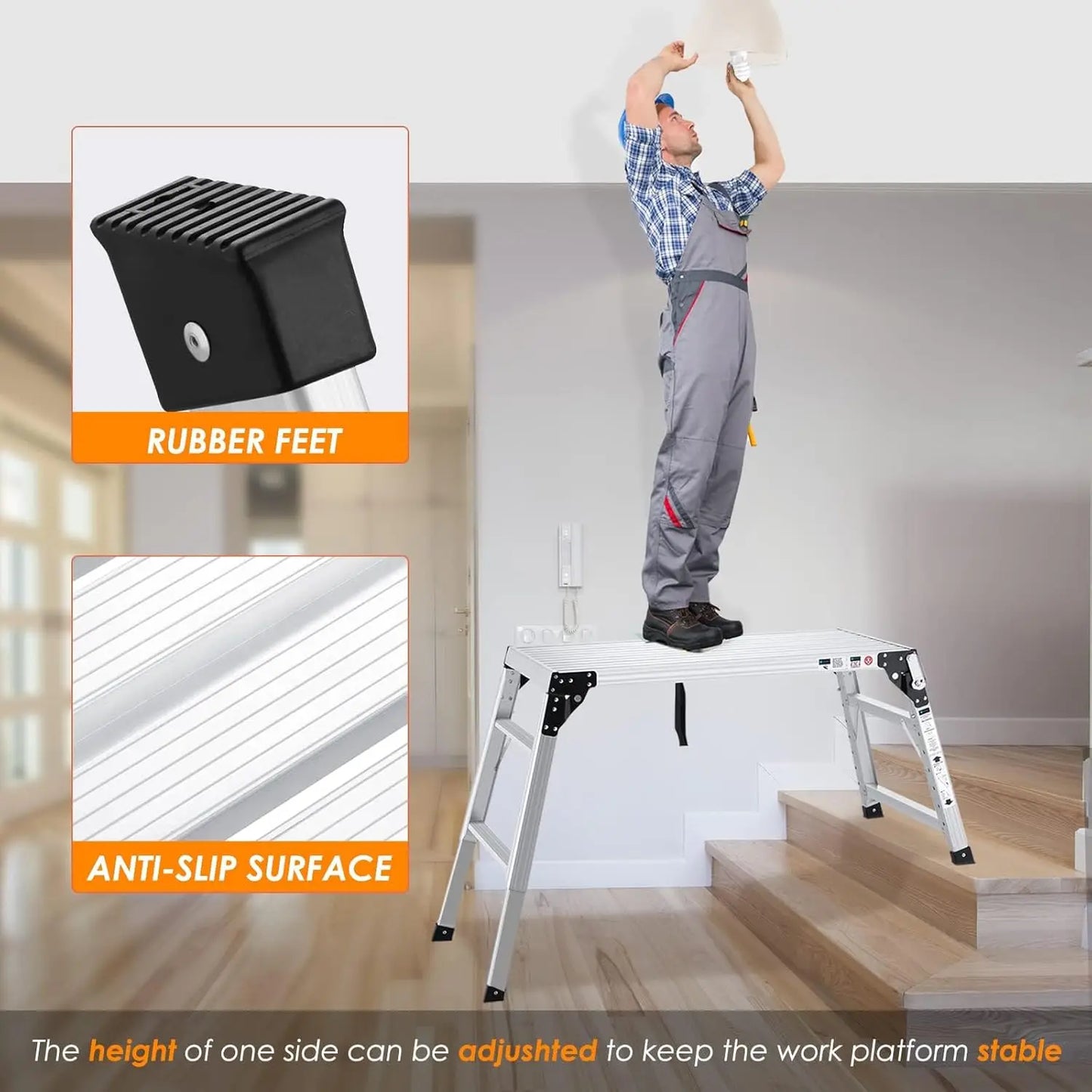 Work Platform Support Height 24 to 35 inches Portable Aluminum Step Stool Folding Ladder Non Slip for Household Office