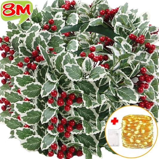 Christmas Holly Berry Vines Artificial Green Leaves Hanging Fake Plants Garlands with Light Strings Home Party Xmas Decoration