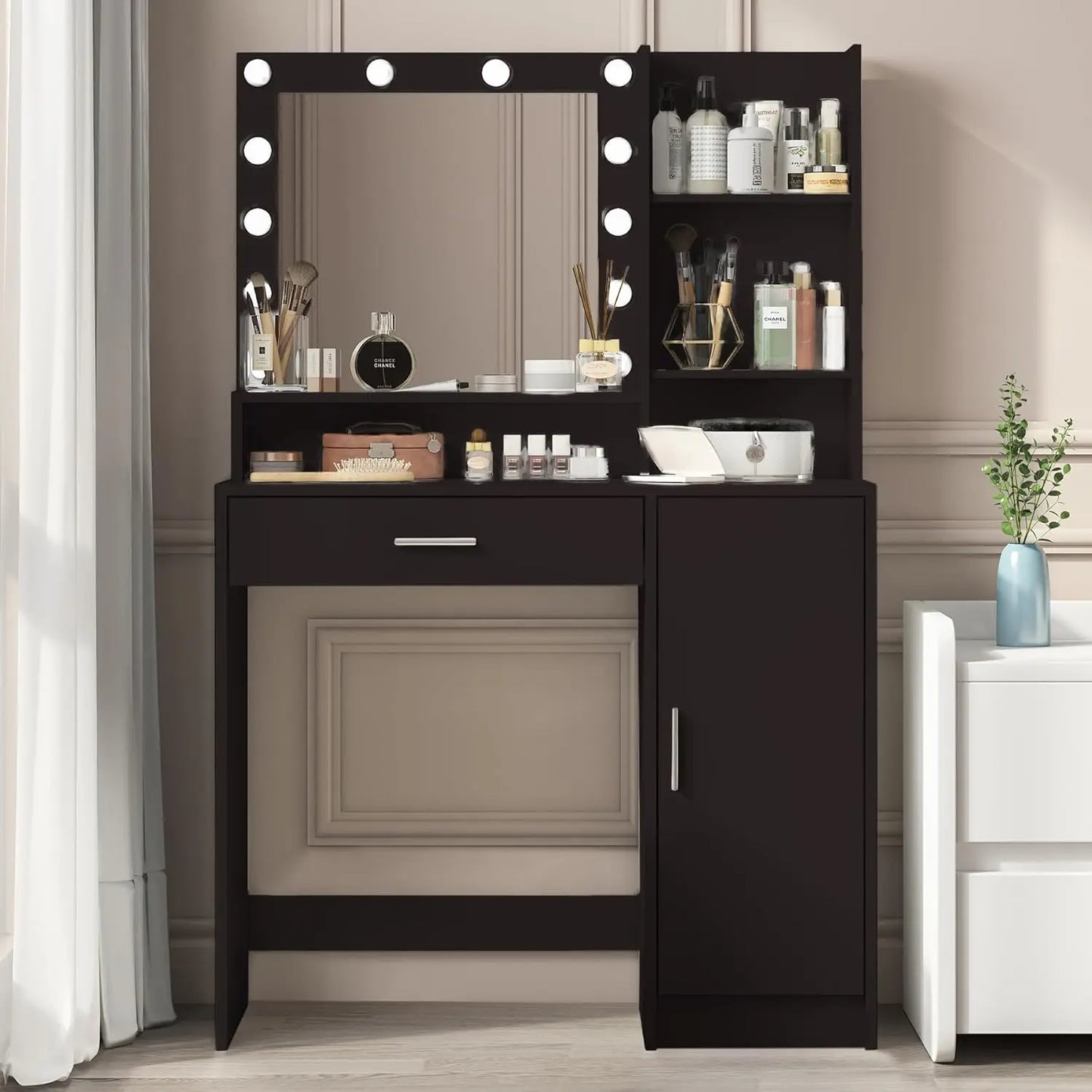 Vanity Desk with Mirror & Light, Drawer Three Level Storage , 3 Lighting Modes Adjustable Brightness, Bedroom Dressing Table