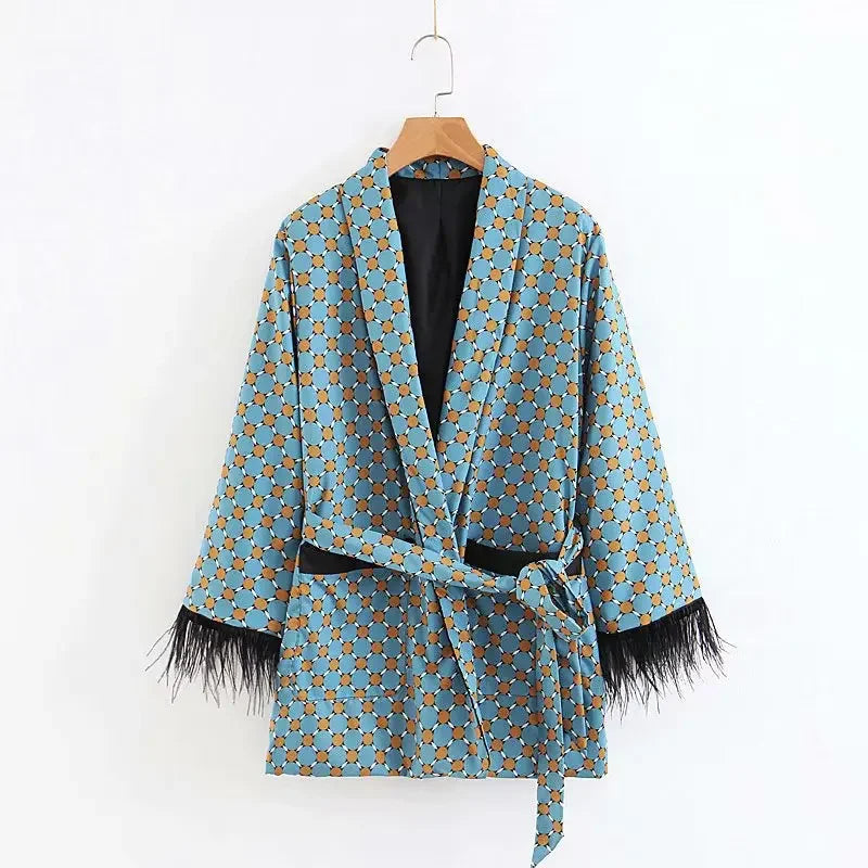 "Blue Moon" Kimono Suit: Feather Sleeves & Wide Leg Pants.