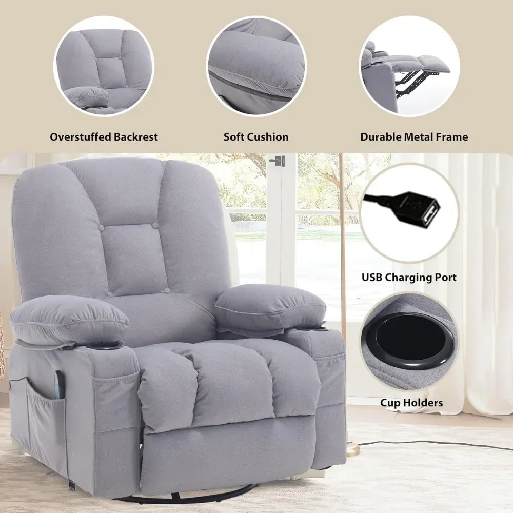 Recliner Chair for Adults,Rocker Recliners with Massage Heat,Fabric Overstuffed Swivel Glider with Cup Holder,Living Room Chairs