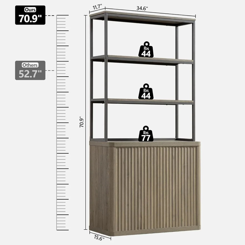 Tall Bookcase ,with Doors Storage 5 Tier Mid Century Modern Bookshelves Large Shelves  ,Wood & Metal Book Cases