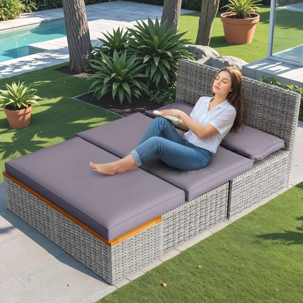 Patio Day Bed with 2 Side Tables Outdoor Daybed Set MultifunctionalRattan Lounge Bed for Backyard Porch Poolside Lawn Beach