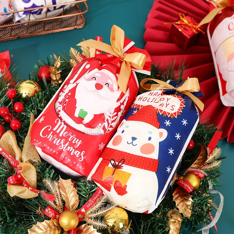 10/20pcs Christmas Plastic Drawstring Bags Candy Cookie Storage Bag New Year Gift Drawstring Wrapping Bags Santa Claus