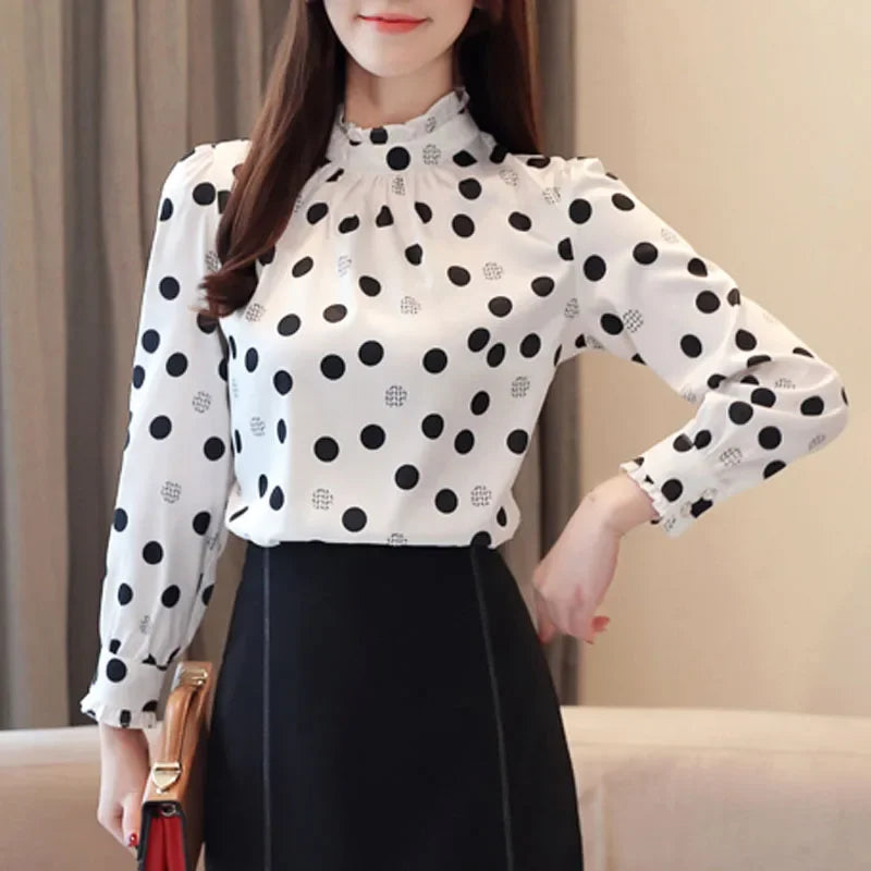 2024 herbst Mode Frauen Chiffon Shirts Langarm Polka Dot Frauen Blusen Casual Stehkragen Frauen Tops 6113 50