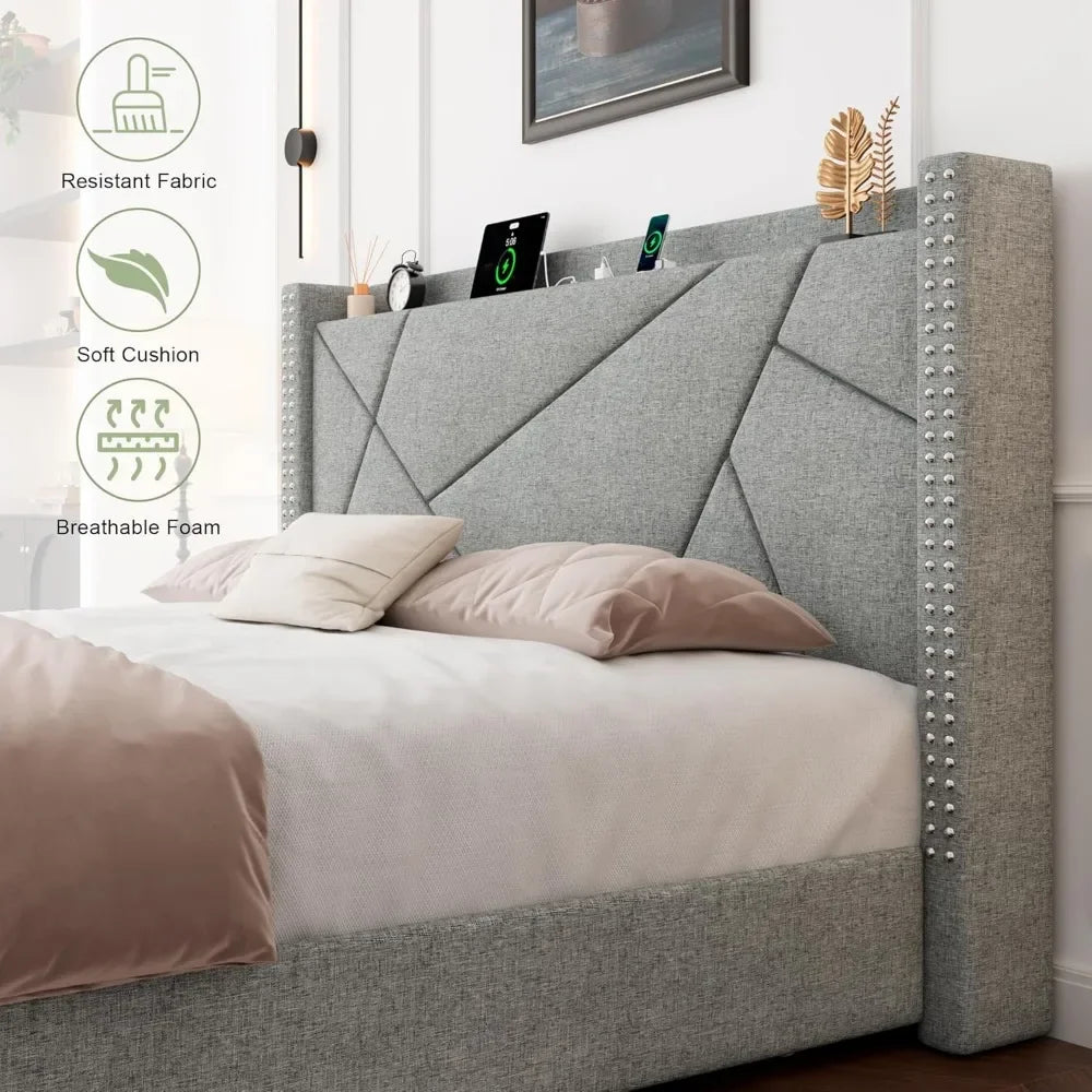 Queen Bed Frame with 4 Storage Drawers, Upholstered Platform Bed Frame with Charging Station & Wingback Headboard, Solid Wood