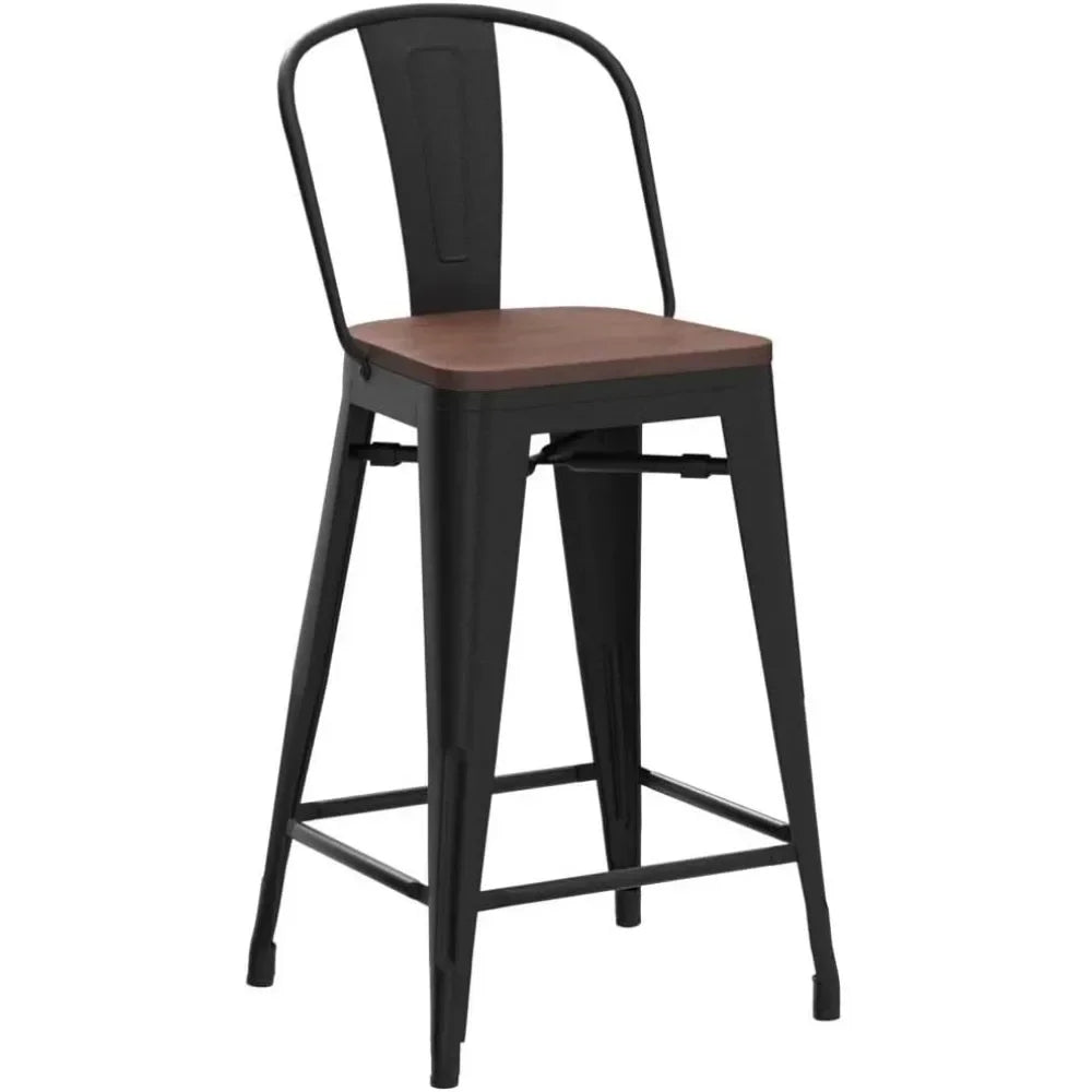 24" High Back Barstools Metal Stool with Wooden Seat Counter Height Bar Stools Living Room Chairs for Kitchen Bar 4-piece set