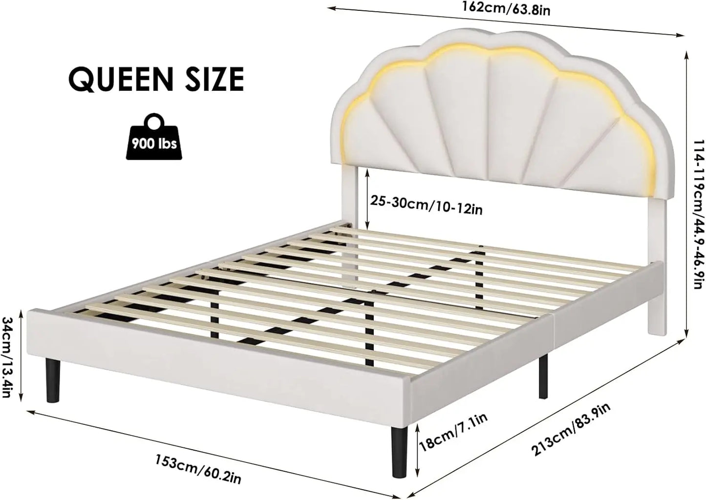 Queen Upholstered Smart LED Bed Frame with Adjustable Chic Petal Headboard, Soft Princess Queen Size Platform Bed Frame