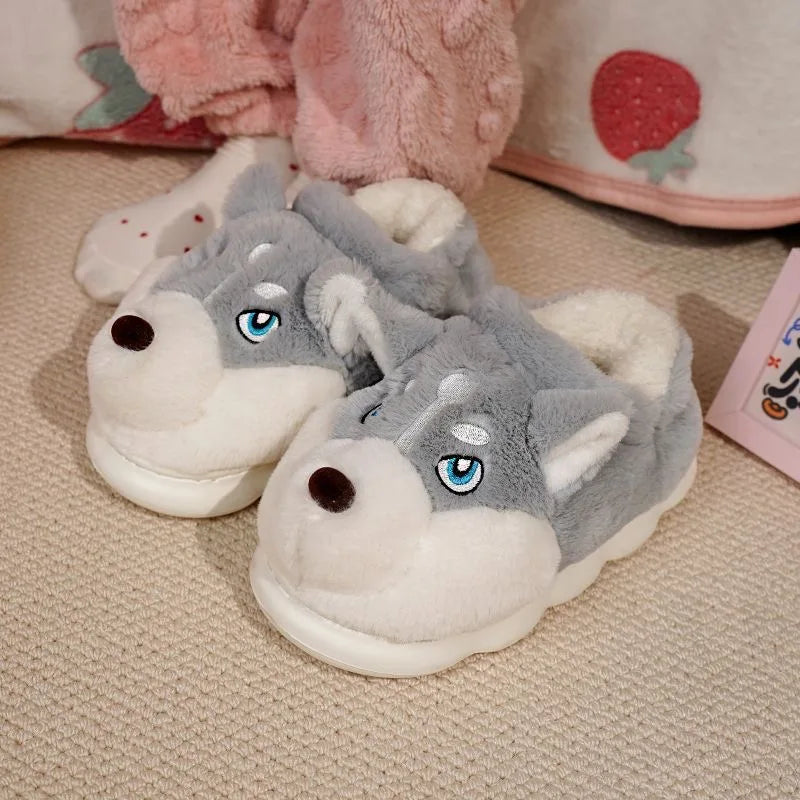 Women Indoor Cotton Slippers Cute Cartoon Dog Winter Warm Shoes Couples Home Floor Slides Anti-slip  Female Male House Footwear