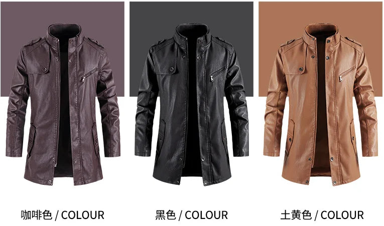 MAIDANGDI  Men's Mid To Long Length Jacket Stand Up Collar Solid Color Trench Coat Leather Jacket Casual Top  Artificial Leather