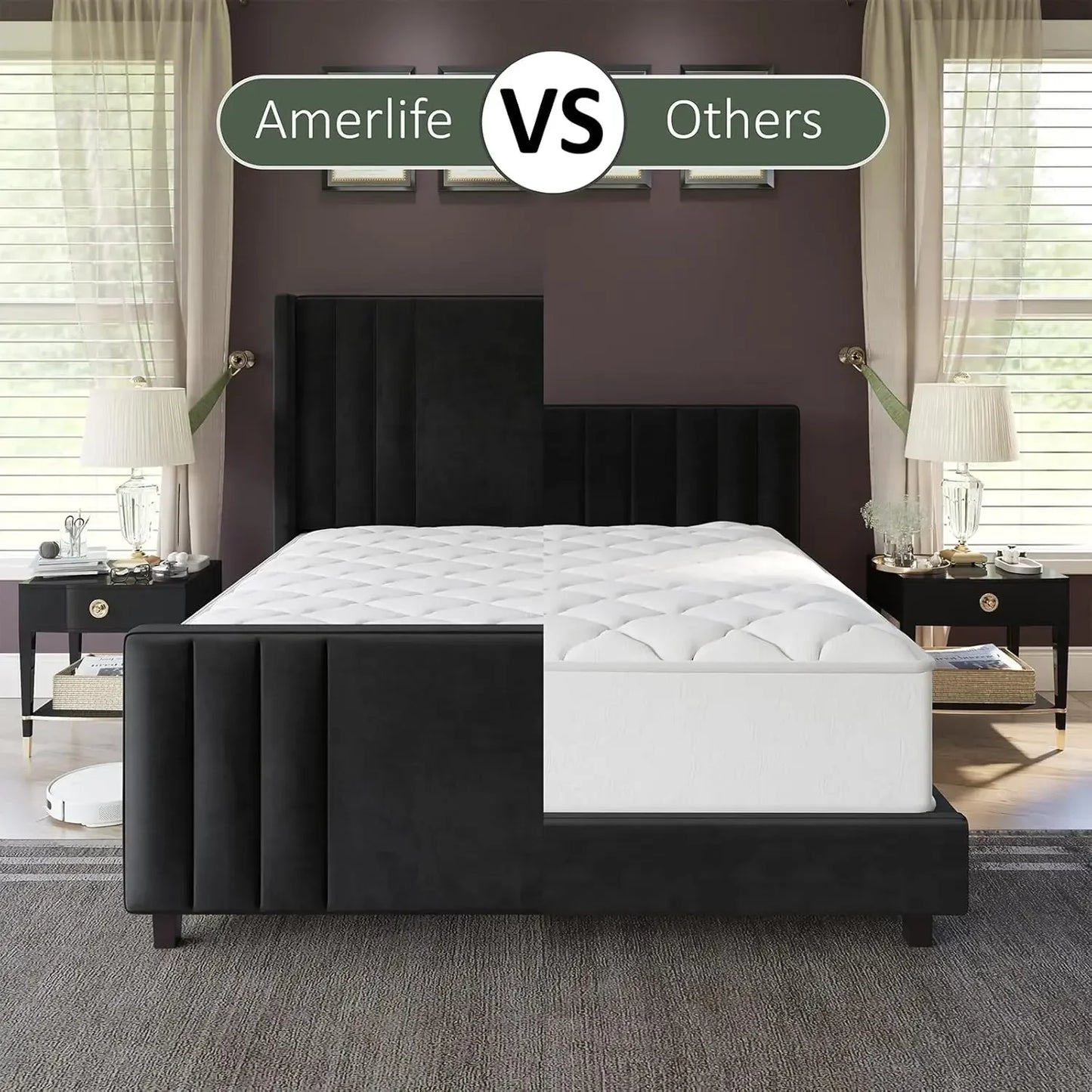 Queen Size Bed Frame, Velvet Upholstered Platform Bed  Headboard & Footboard/Wingback, Mattress Foundation with Wood Slats,Black